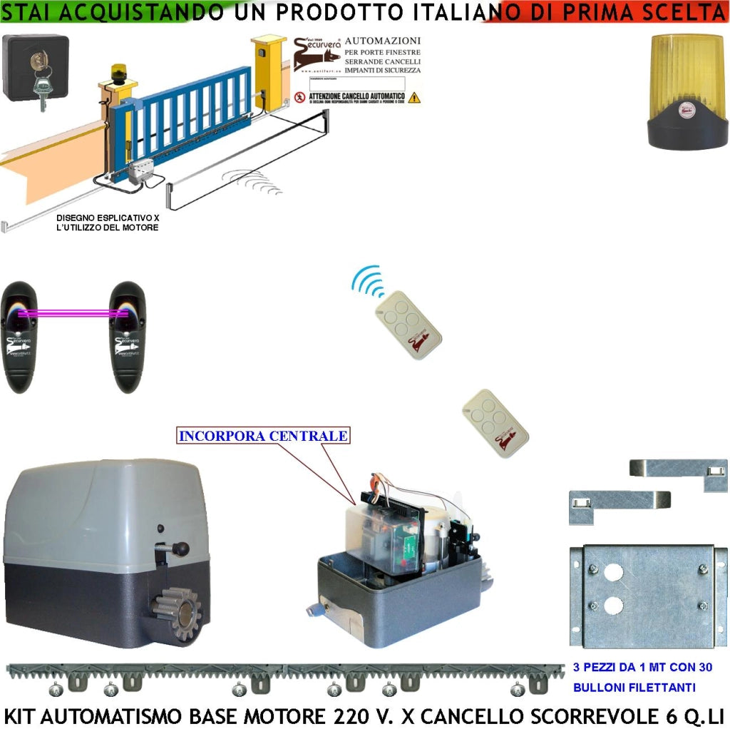 AUTOMATISMO CANCELLO SCORREVOLE KIT MOTORE 220 V 250 W TRAINA 6 Q.LI 3 METRI CREMAGLIERA 2 RADIOCOMANDI FOTOCELLULE SELETTORE