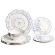 Set da 12 stoviglie in porcellana bianca e blu con finitura smaltata e motivo a foglie ciotole e piatti per cucina e sala da pranzo