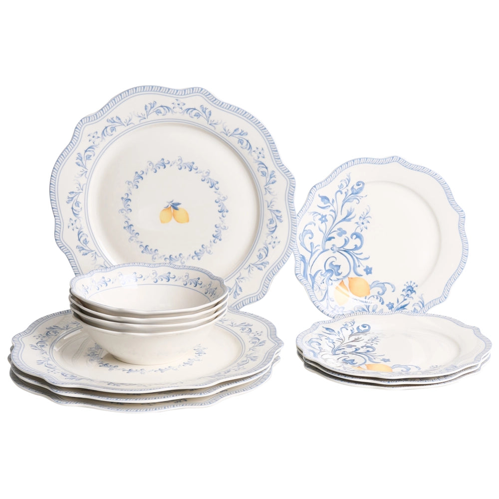 Set da 12 stoviglie in porcellana bianca e blu con finitura smaltata e motivo a foglie ciotole e piatti per cucina e sala da pranzo