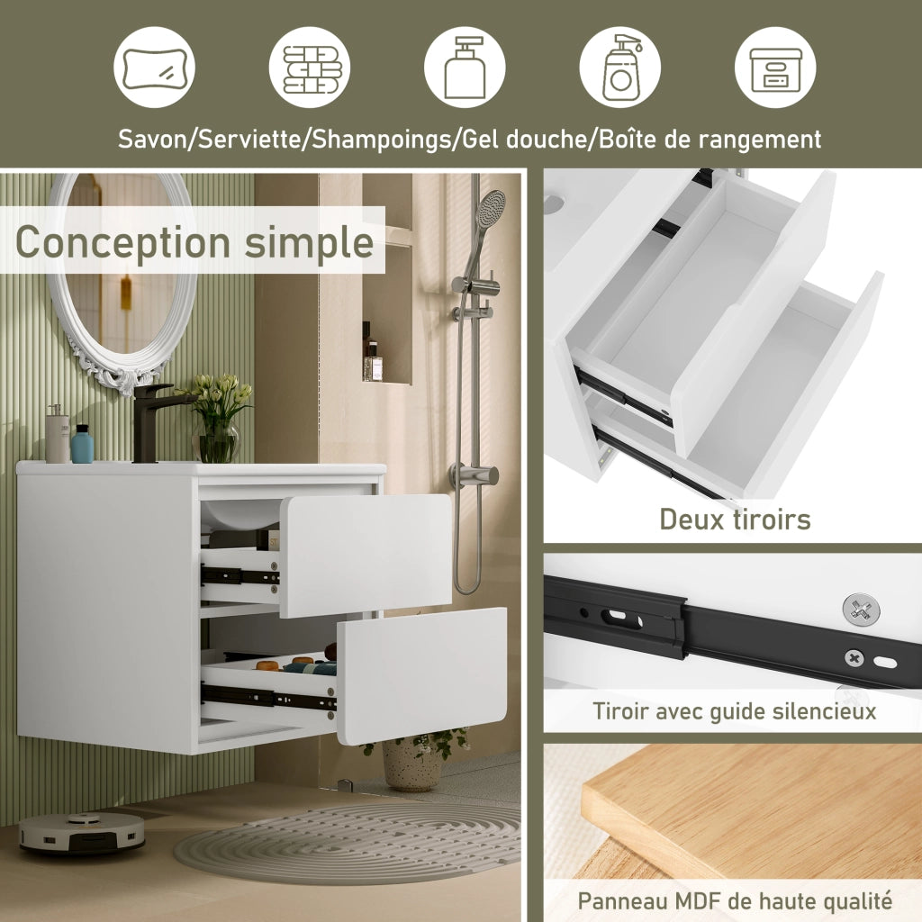 Mobile bagno sospeso con 2 cassetti; LED con sensore radar e lavabo in ceramica; MDF bianco 60 × 46 × 50 cm
