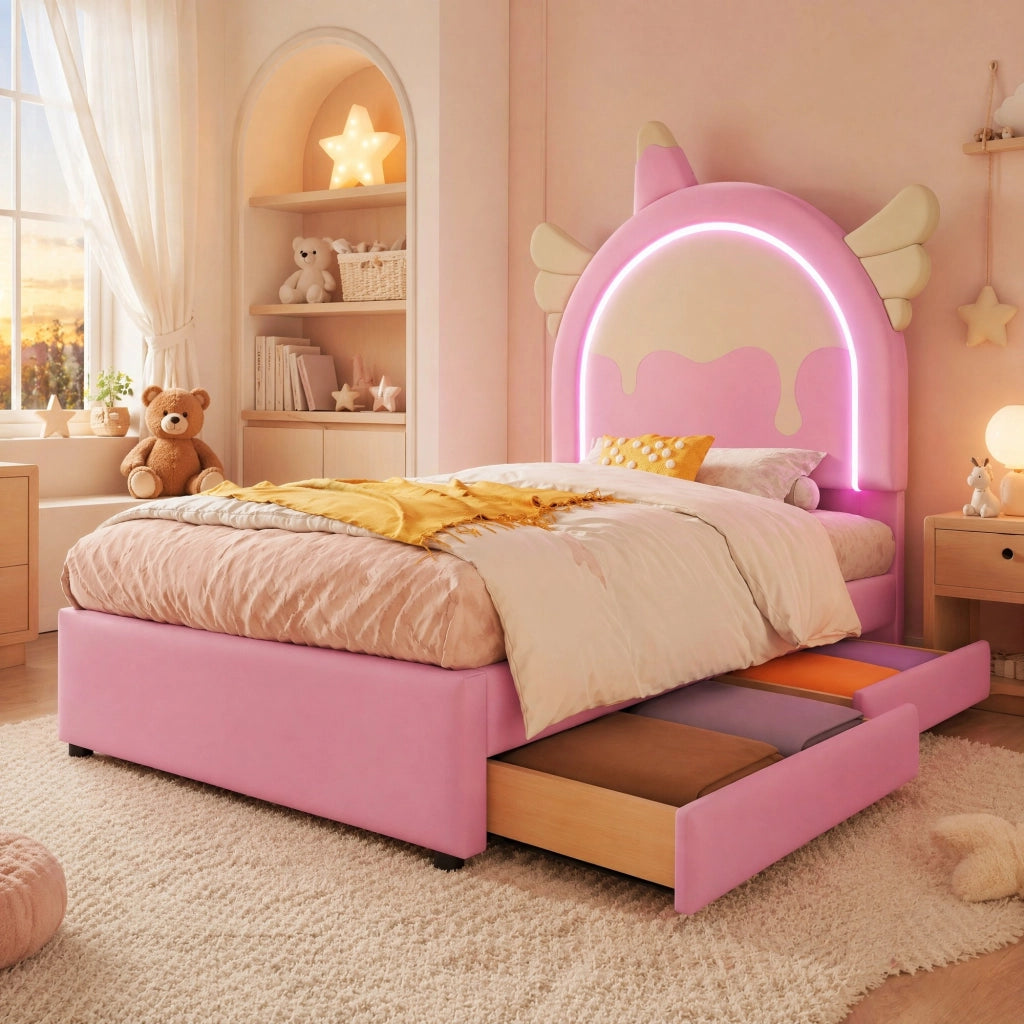 Letto imbottito rosa con leuchtleiste e 2 cassetti, 90 x 200 cm