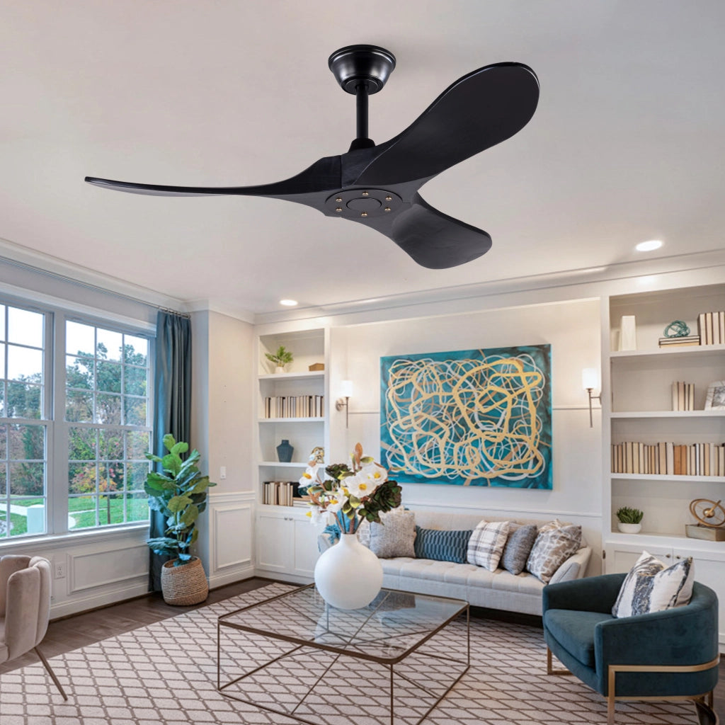 Ventilatore da soffitto nero design moderno 52 pollici, 3 pale legno massello, senza illuminazione, motore DC reversibile silenzioso