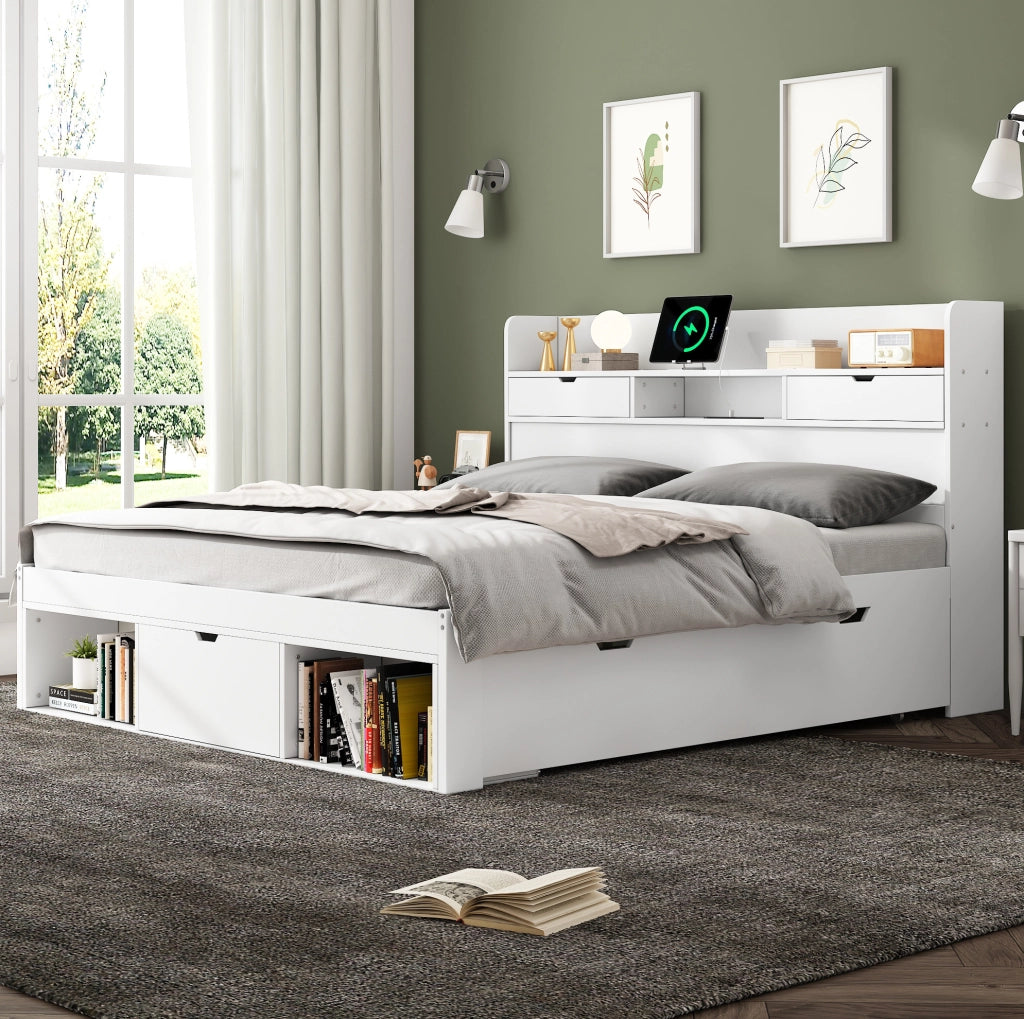 Letto 140x200 cm; porta USB e Tipo C; grande spazio contenitore; legno di pino e MDF; bianco (Senza materasso)