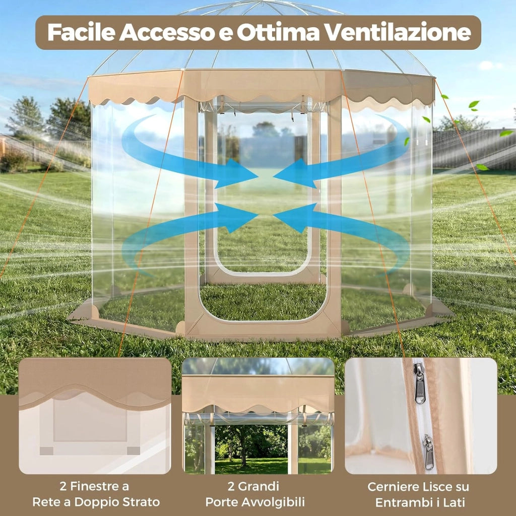 Tenda a Bolla Trasparente, Vista Panoramica a 540°, Tenda Sportiva Pop-up con 8 Corde Antivento, 16 Picchetti, 4 Sacchi di Sabbia e Borsa per Eventi Sportivi, Pesca e Campeggio