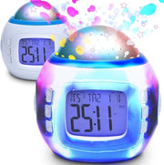 Lampada da Notte con Proiettore di Cielo Stellato - Alarme Digitale per Bambini con Proiezione sul Soffitto - Funzione di Sonno - Visualizzazione della Temperatura e del Calendario - Schermo LCD Bianco con Suoni