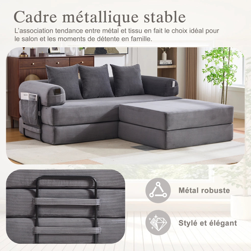 Divano modulare in velluto a coste con tasca laterale e 3 cuscini, struttura in metallo, grigio scuro, design moderno