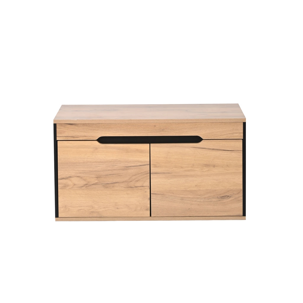 Mobile ingresso con specchio; 2 scarpiere; 1 cassetto e 4 ganci; in MDF e truciolare; nero e legno; 156×36×176 cm