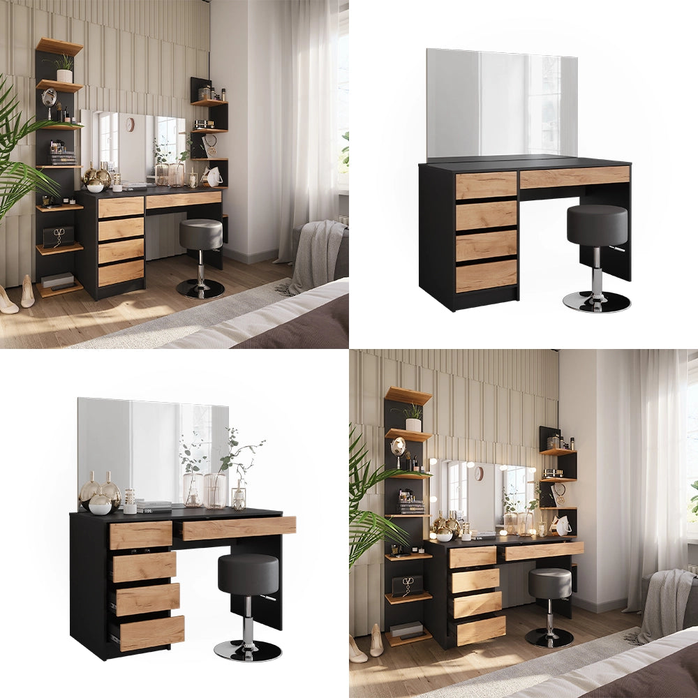 Vicco Tavolino da toilette Antracite/quercia dorata 120 x 75 cm con specchio e sgabello