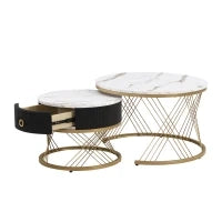 Set di 2 Tavolini da Salotto Moderni Modulari in Marmo Sintetico con Dettagli Dorati e Cassetti, Dimensioni 70x70x45 cm e 50x50x40 cm, Bianco