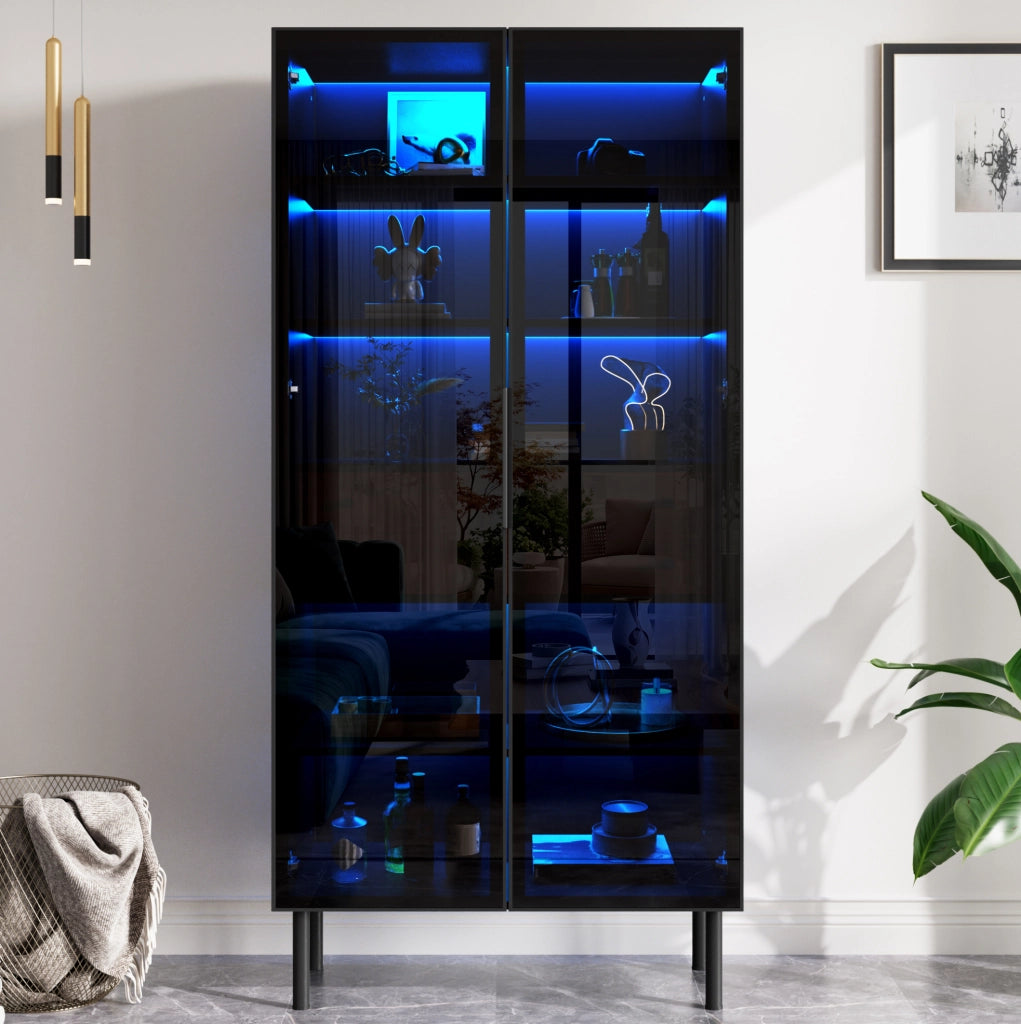 Vetrina moderna con 2 ante in vetro; LED controllabile da app; 70x36x170 cm; nero