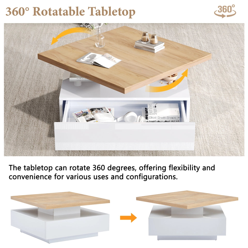 Tavolino da caffè con piano girevole e cassetto - per soggiorno - 70×70×36 cm