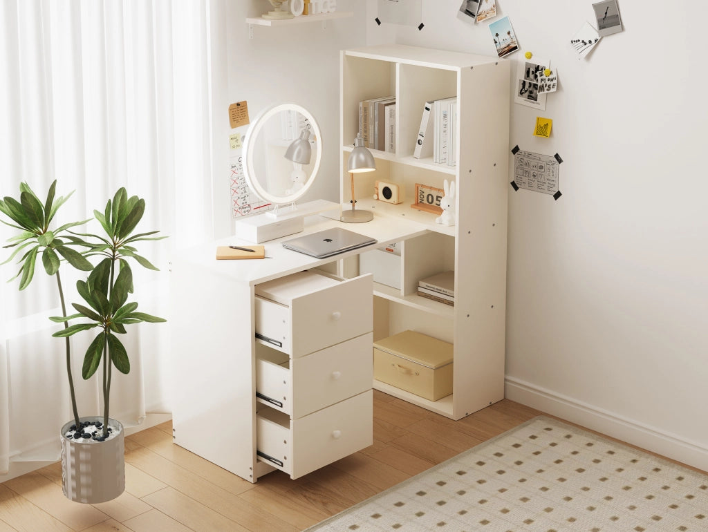 Scrivania angolare con scaffale 117 × 63 × 135 cm bianca， 4 ripiani， 3 cassetti