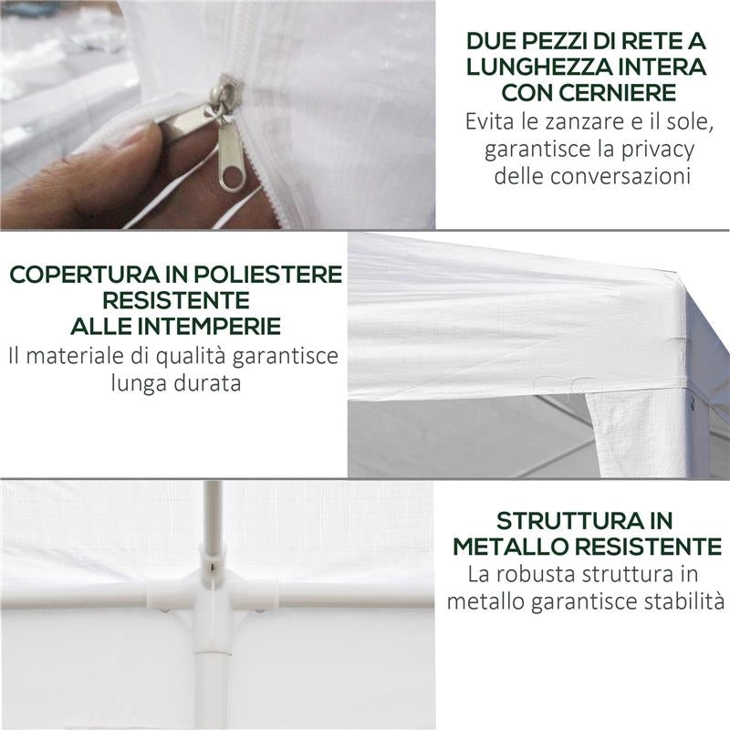 GAZEBO DA GIARDINO PER FESTE CON 6 PARETI RIMOVIBILI A ZANZARIERA, 582X295X255CM, BIANCO