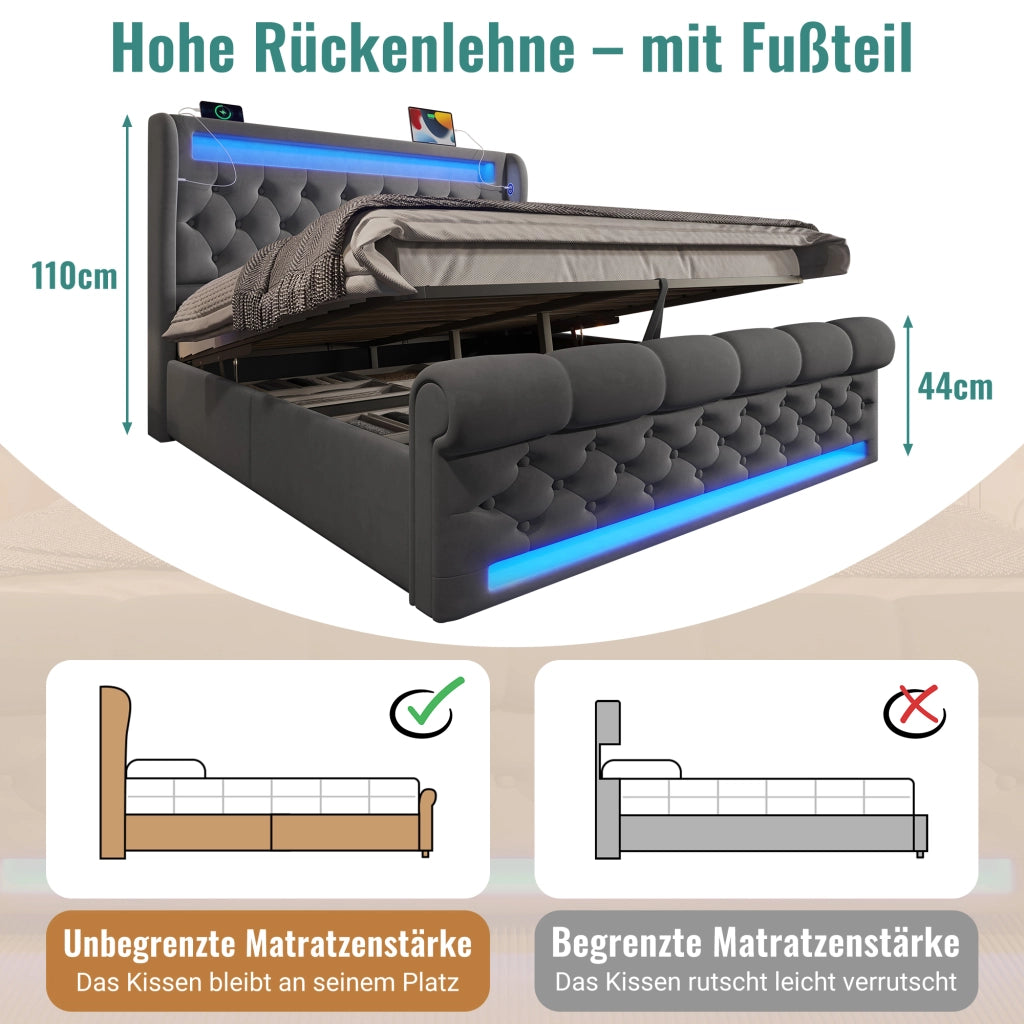 Letto matrimoniale in velluto grigio 140x190 LED testiera contenitore vano idraulico