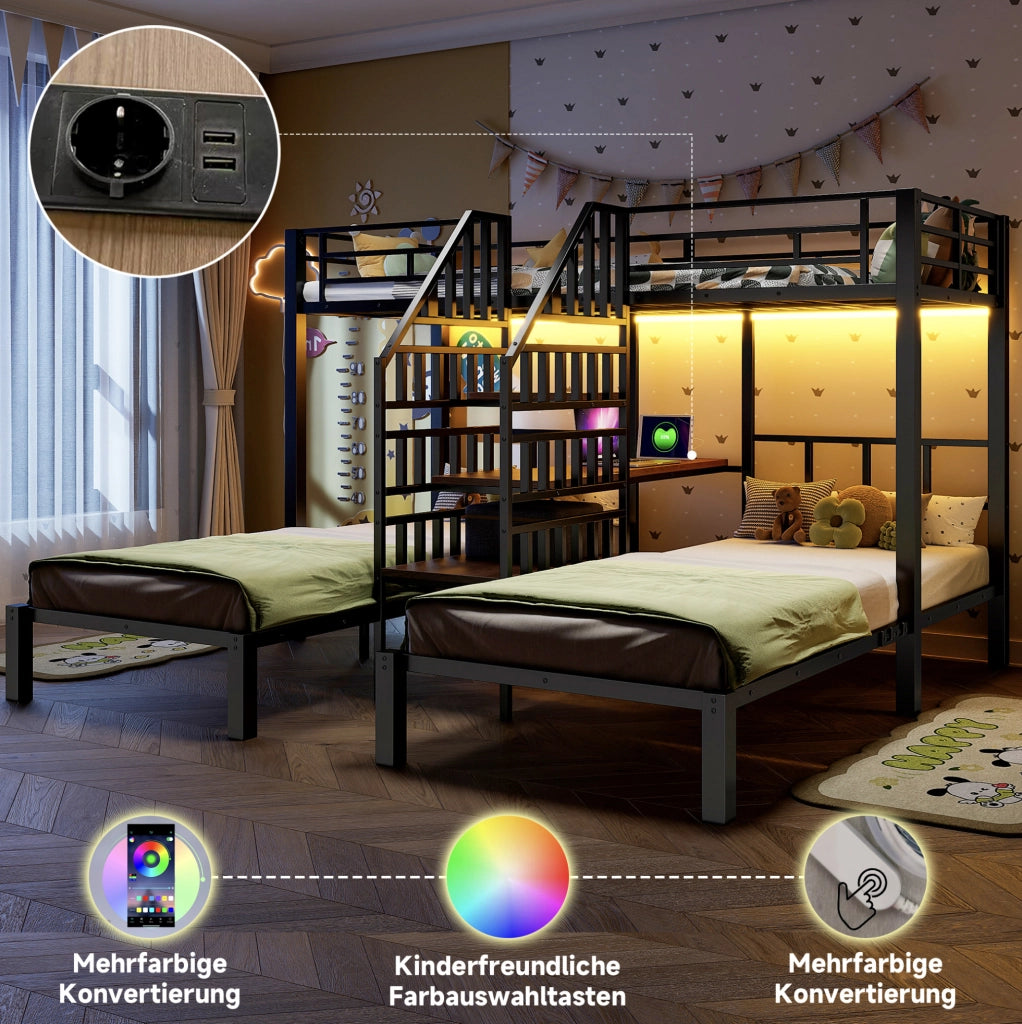Letto a castello 90x200 cm con LED; scrivania; ripiani e prese USB; metallo e MDF; nero