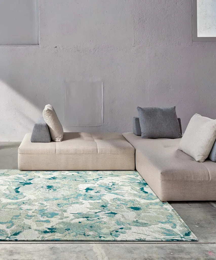Tappeto floreale moderno con fiori stilizzati DUBAI BEIGE VERDE ACQUA in ciniglia multiuso lavabile antiscivolo cm.200x280