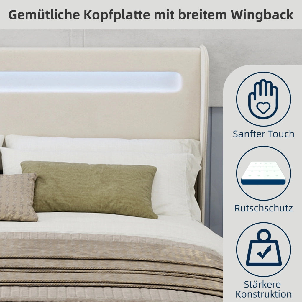 Letto Matrimoniale 160x200 cm con LED Regolabile e Schienale Regolabile in Tessuto Beige