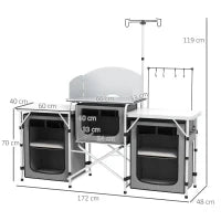 Cucina da Campeggio Pieghevole a 3 Piani con 5 Ripiani Interni e 4 Ganci, 172x48x119 cm, Grigio e Argento