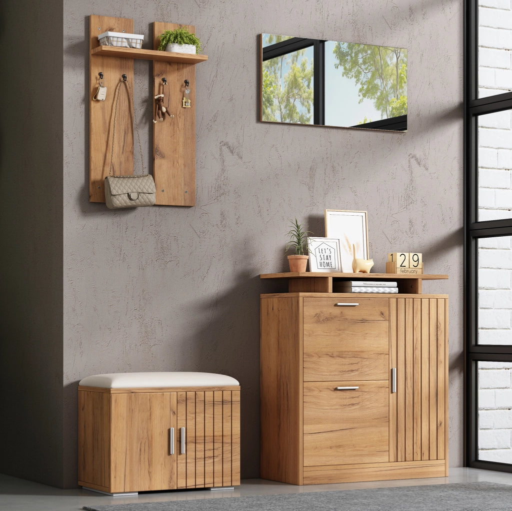 Set ingresso con panca, scarpiera, specchio e ganci