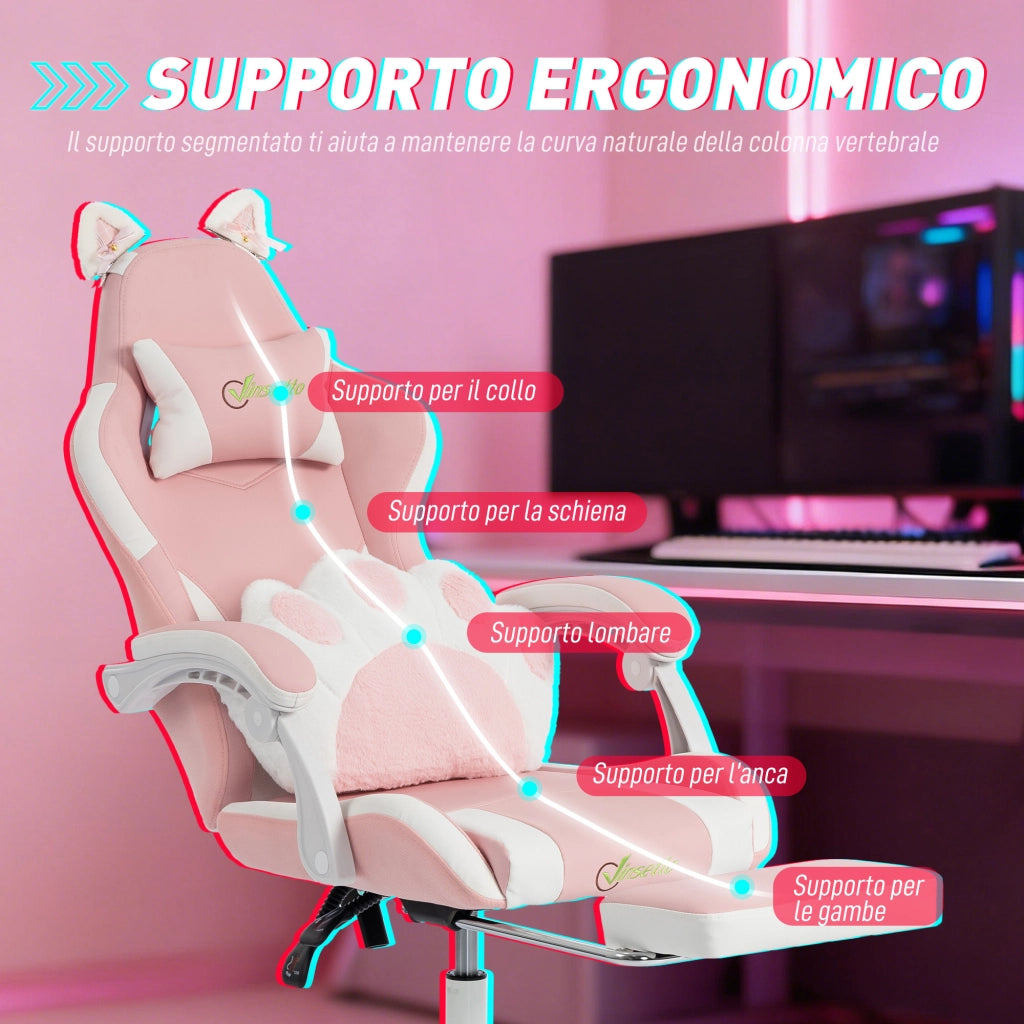 Sedia da Gaming Ergonomica Reclinabile con Poggiapiedi Rosa