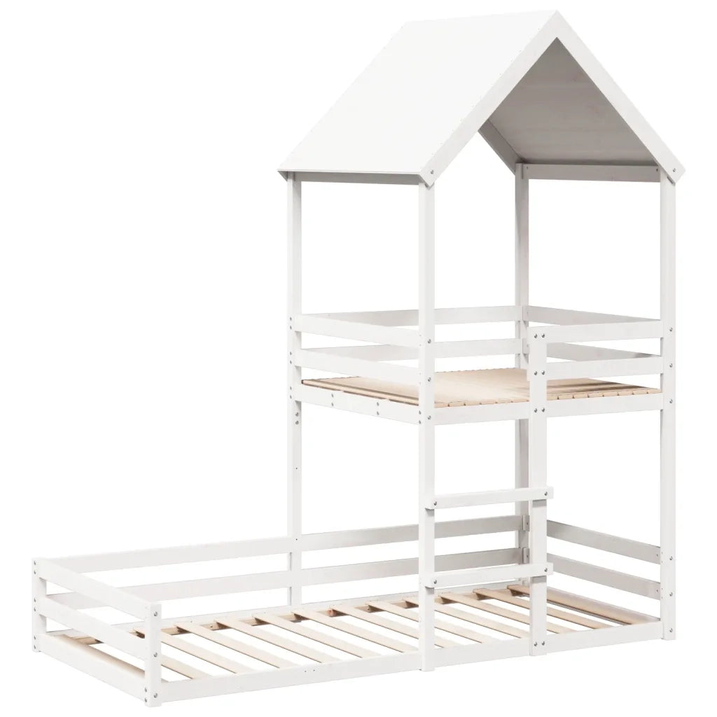 Letto a Castello con Tetto Bianco 90x200 cm in Legno di Pino
