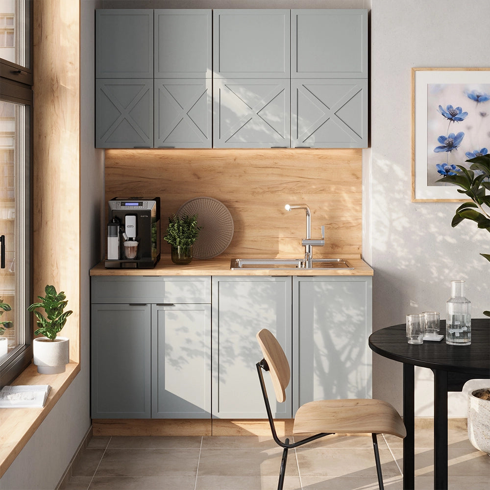 Cucina completa Fame-Line Blu-grigio chiaro/Rovere dorato 140 cm, PL Antracite Vicco