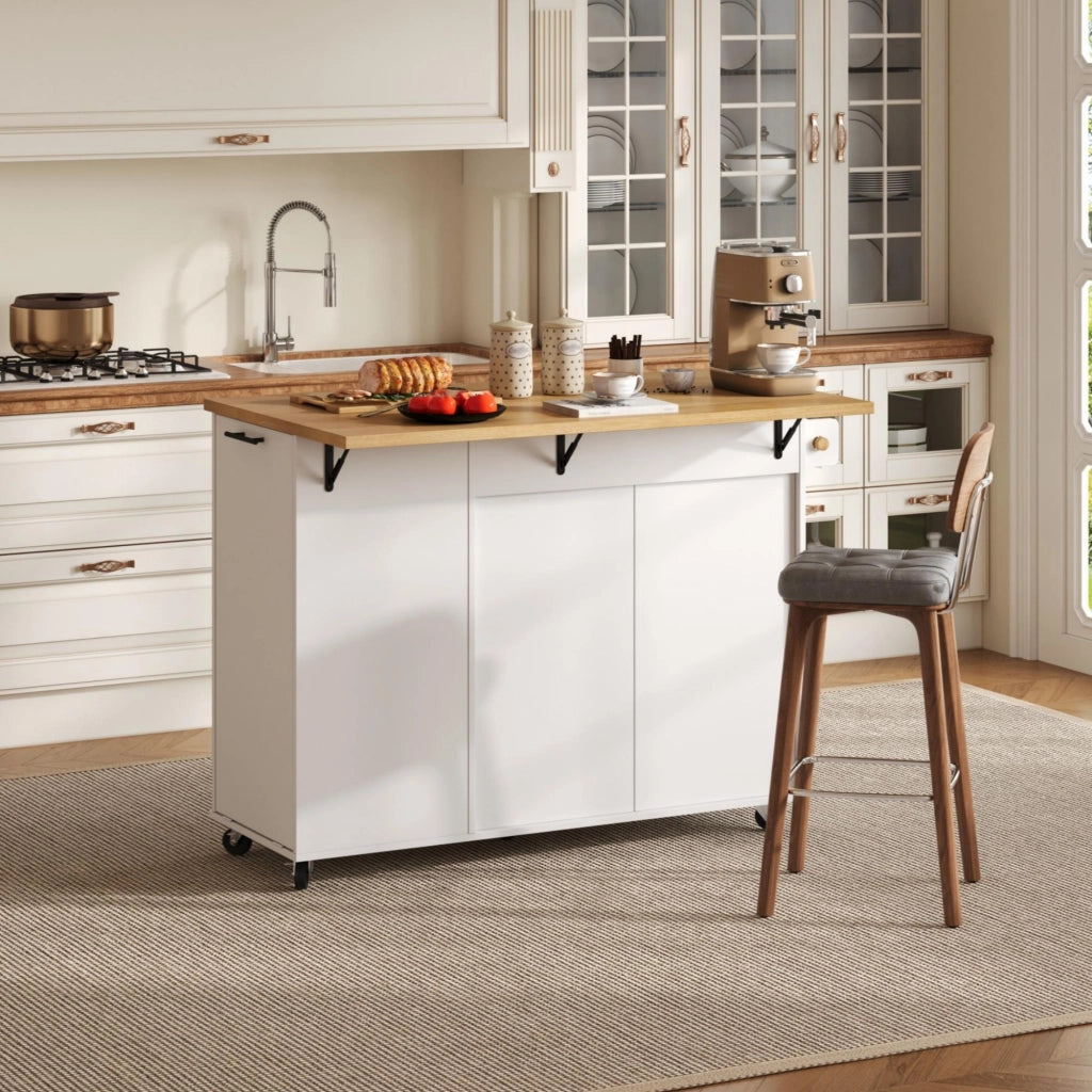 Mobile contenitore da cucina con piano ribaltabile e ruote - in MDF - 130×70×93 cm - bianco