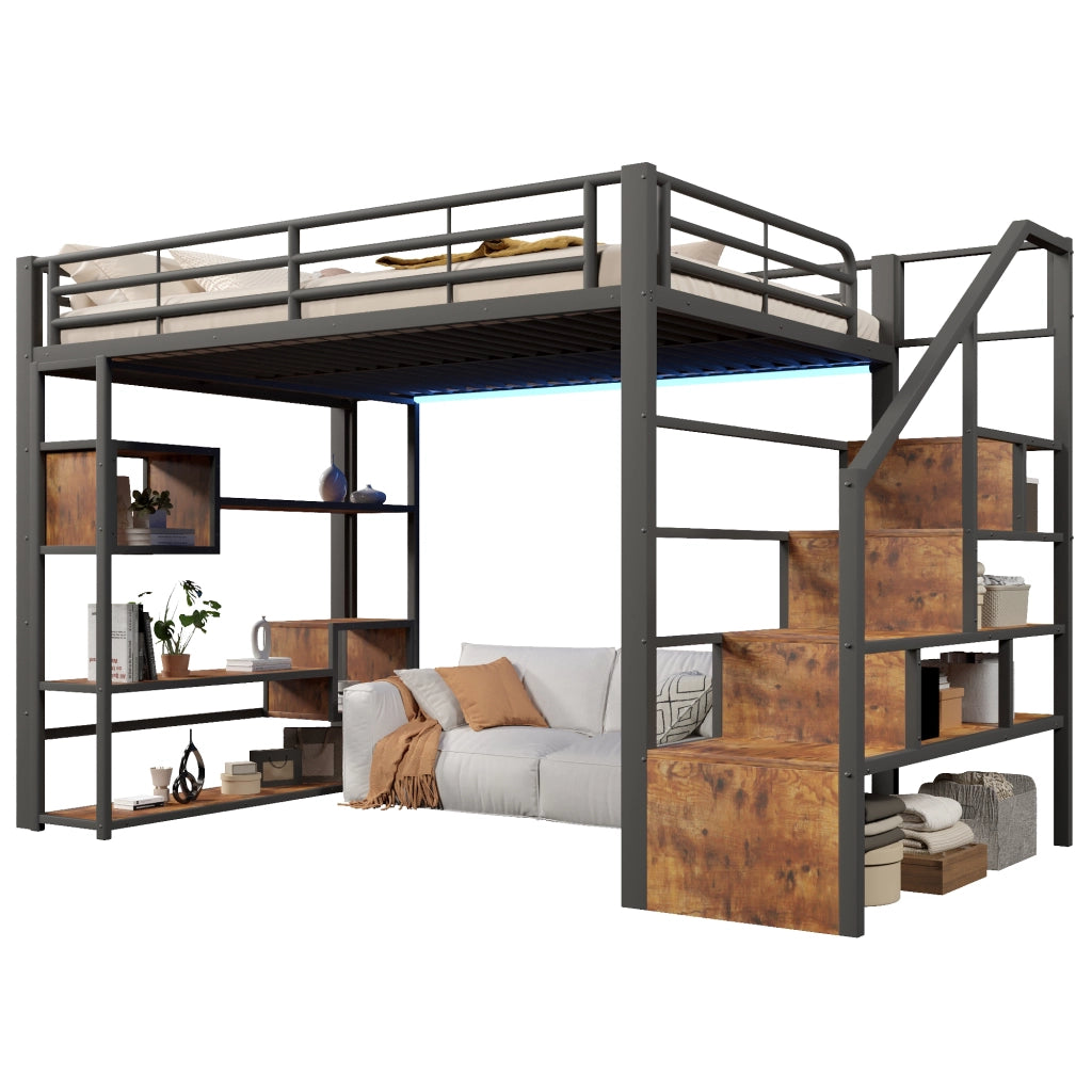 Letto a soppalco 140x200 cm con spazio libero sottostante; LED; ripiano; gradini integrati e parapetto; metallo nero