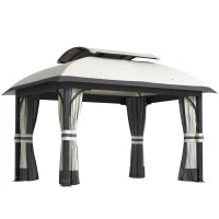 Gazebo da Giardino 4x3 m con Zanzariere e Doppio Tetto, in Metallo e Poliestere Grigio Chiaro