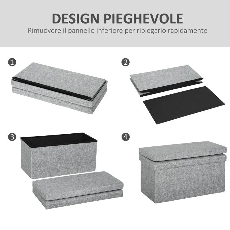 PANCA CONTENITORE PIEGHEVOLE CON SCHIENALE E VANO DA 77L, RIVESTIMENTO IN TESSUTO, 76X50X73 CM, GRIGIO