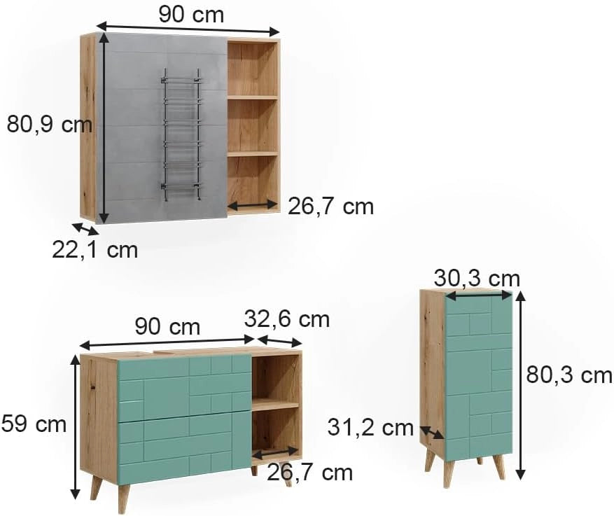 Set di mobili da bagno Rudi, Verde menta, 90 cm, composto da mobile sottolavabo, specchiera e mobile medio