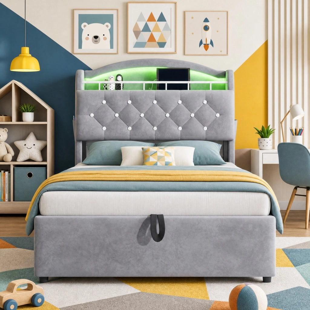 Letto contenitore 90x200 cm in velluto grigio con LED; USB e vano portaoggetti