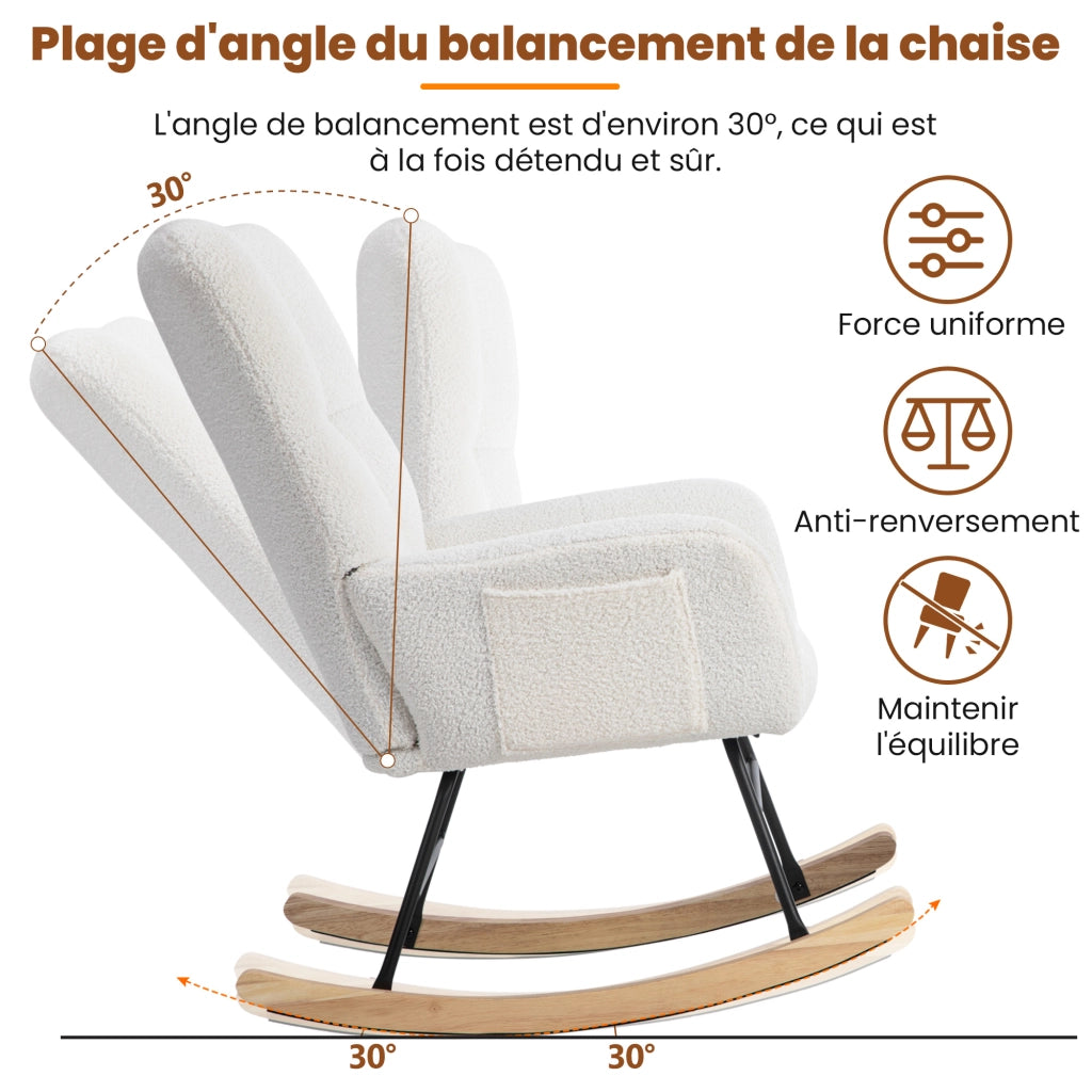 Poltrona a dondolo ergonomica con poggiapiedi e struttura in legno di caucciù, imbottita in bouclé bianco