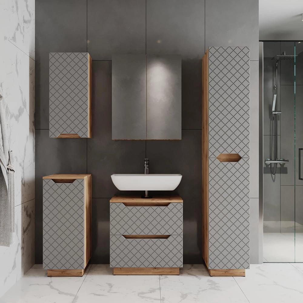 Set di mobili da bagno Lotta, Rovere/grigio con struttura in piastrelle, 4 parti