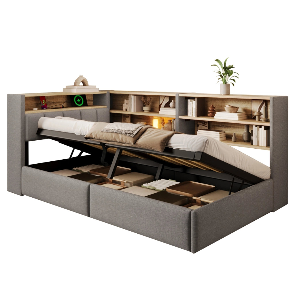 Letto Contenitore Singolo LEMONMAX 90x200 cm con Sollevamento Idraulico, LED APP, USB-A/USB-C e Modulo Laterale, Rete a Doghe, Velluto Grigio