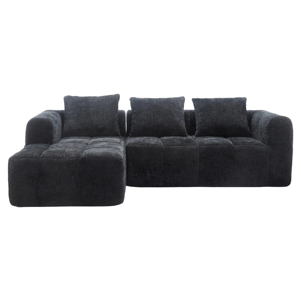 Divano angolare 3 posti con chaise longue e braccioli ¨C Minimal ¨C nero chenille con 3 cuscini e tasche laterali