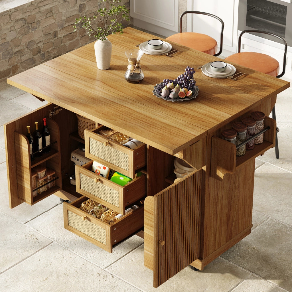 Carrello da cucina con 2 prolunghe ribaltabili; vani nascosti; cassetti in rattan PE; per cucina e balcone; 142.5 × 80 × 95 cm