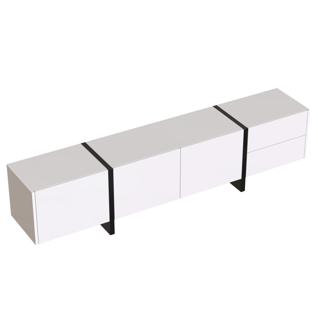 Mobile porta TV con 3 ante e 2 cassetti, ripiani interni, finitura lucida bianca e nera, 190 × 35 × 45 cm