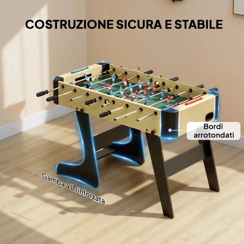 CALCIO BALILLA PIEGHEVOLE CON IMPUGNATURE ANTISCIVOLO, 2 PALLINE E SEGNAPUNTI, VERDE E COLOR LEGNO
