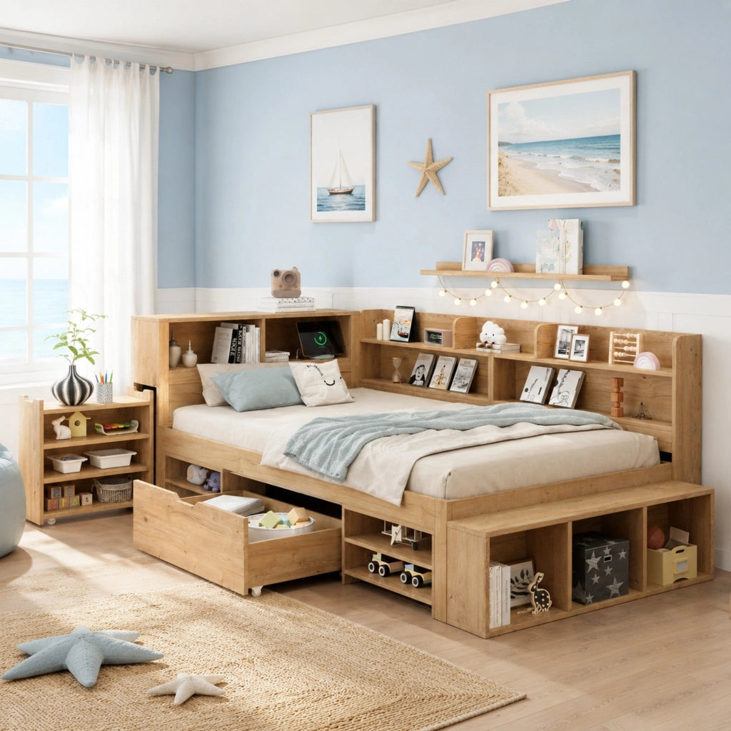 Letto bambini con contenitore 90x200 cm in legno naturale, con libreria e cassetti, senza materasso