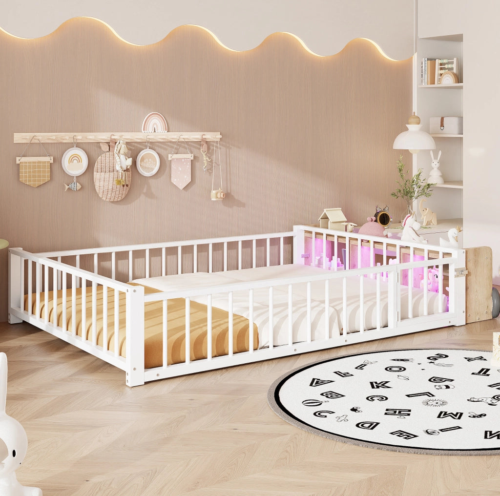 Letto 140x200 cm con sponde; vani portaoggetti e LED in MDF e metallo bianco
