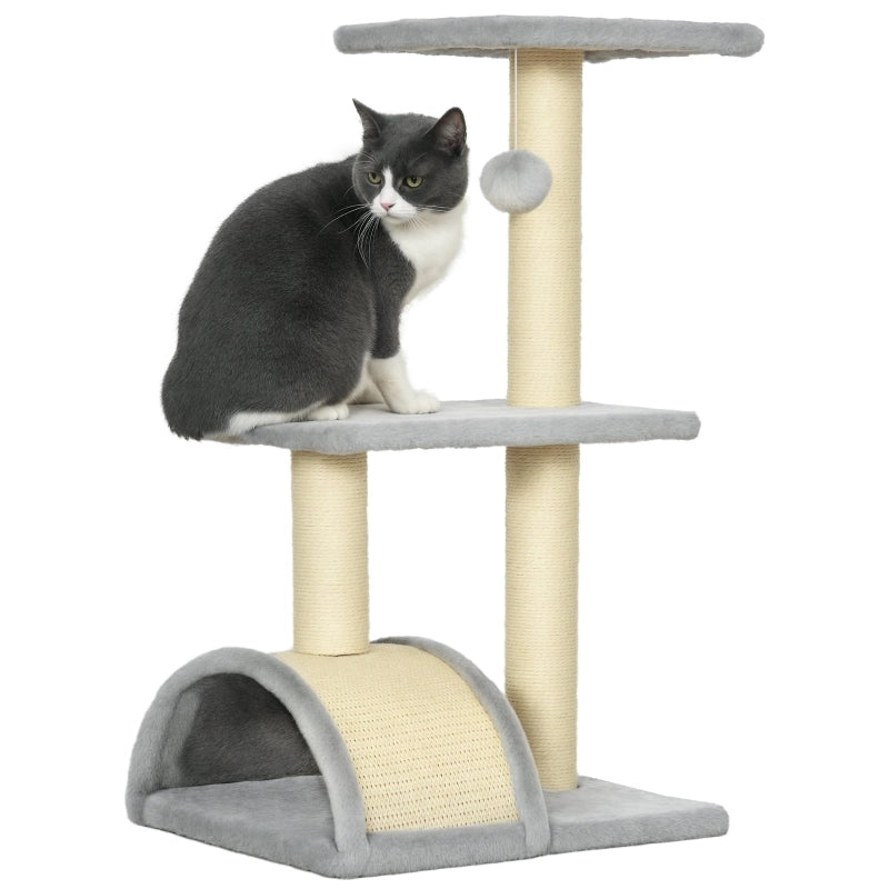 Albero tiragraffi per gatti 72 cm con piattaforme, pallina sospesa e sisal, grigio chiaro