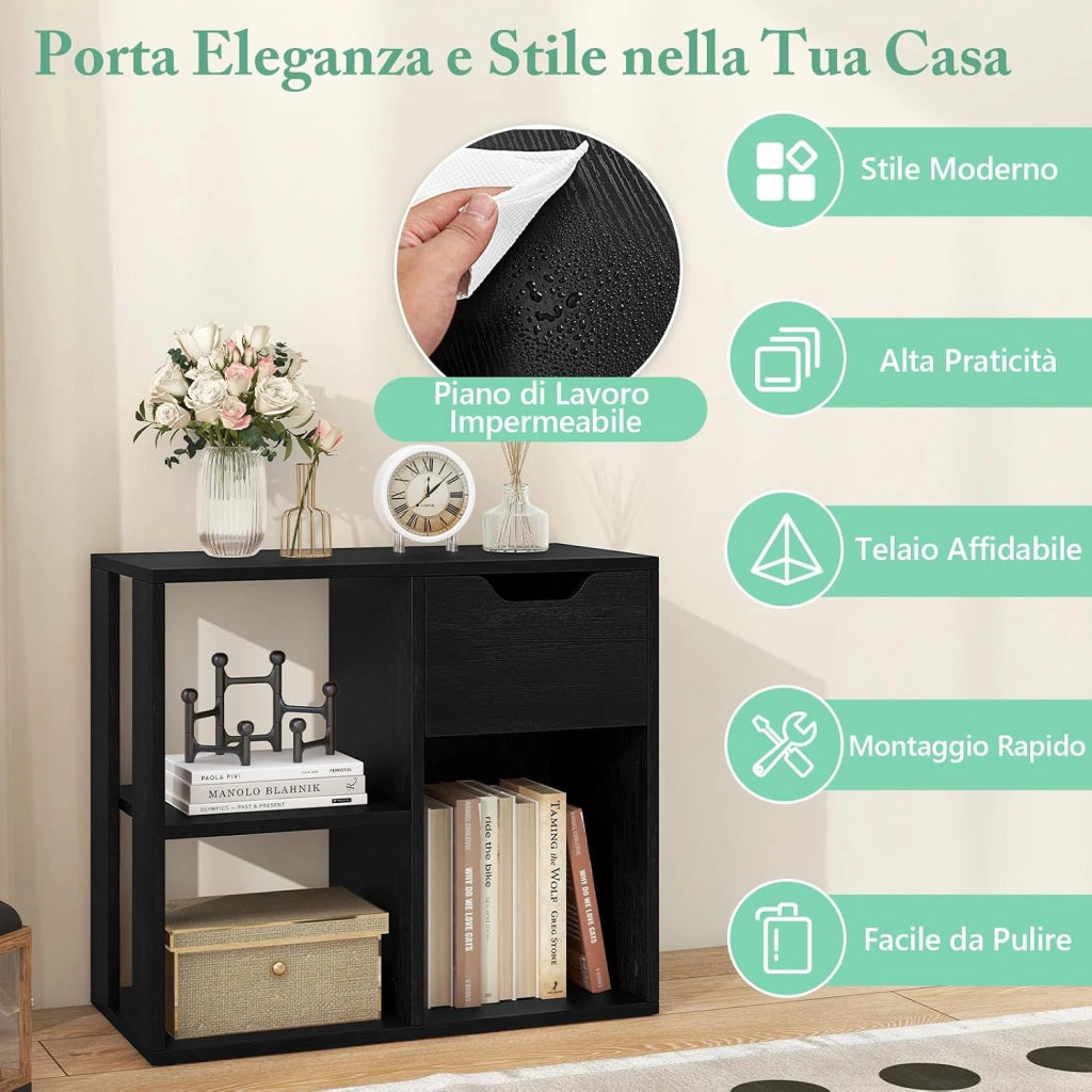Libreria Scaffale, Libreria Bianco in Legno con Cassetto e 3 Cubi, 60 x 30 x 53 cm, Scaffale Multiuso per Soggiorno, Ingresso, Ufficio e Cameretta (Nero)