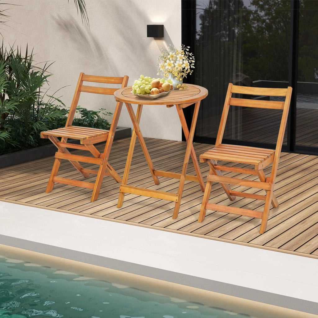 Set Tavolo e Sedie Pieghevoli a 3 Pezzi, 1 Tavolo Rotondo e 2 Sedie con Schienale, Set Mobili da Giardino in Legno di Acacia, Set Bistro con Sedile a Doghe per Interno ed Esterno, Naturale