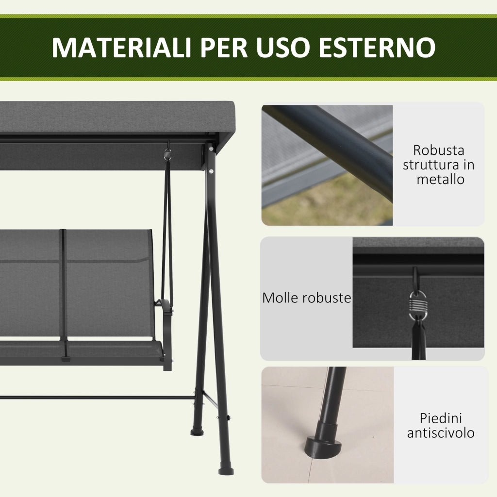 Dondolo da Giardino 3 Posti con Tettuccio Parasole Regolabile, 200x133x176 cm, Grigio Scuro