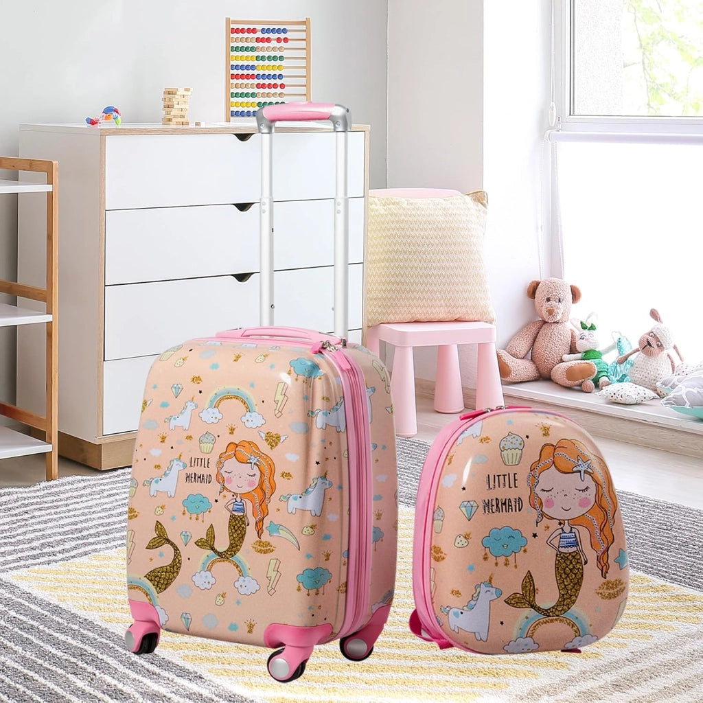 Set di Valigia 18’’ + Zaino 12’’ per Bambini 2 Pezzi, Bagagli 2-in-1 con Zainetto da Viaggio Aereo, Trolley con Maniglia Telescopica e 4 Ruote a 360° (Rosa Sirena)