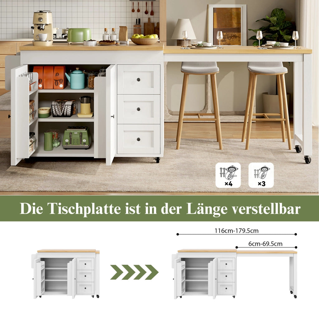 ISOLA CUCINA ESTENSIBILE 116-179,5 cm CON 3 CASSETTI BIANCA SU RUOTE