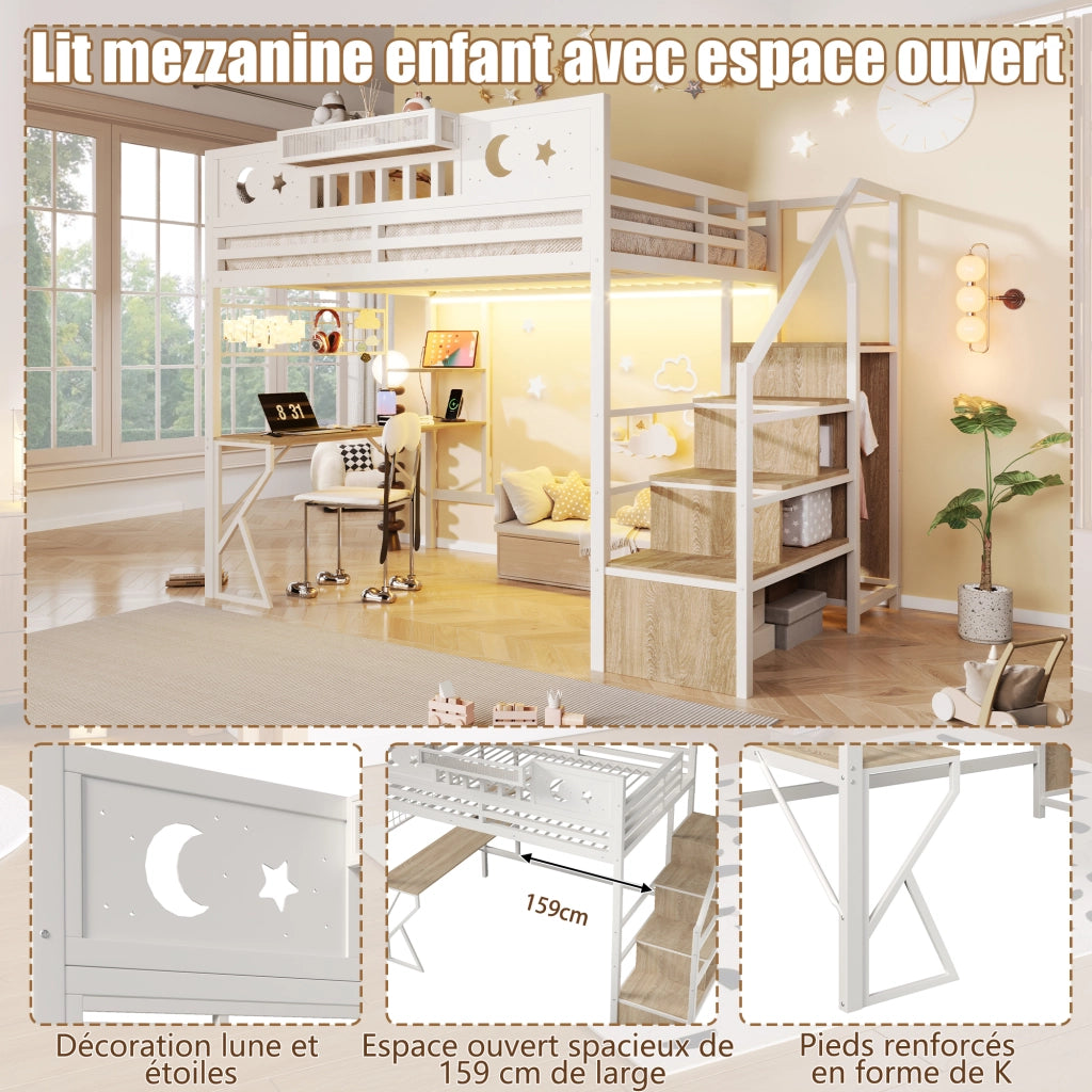 Letto a soppalco 140x200 cm con scrivania; pannello pegboard; ripiani; LED; USB e gambe a K; metallo bianco
