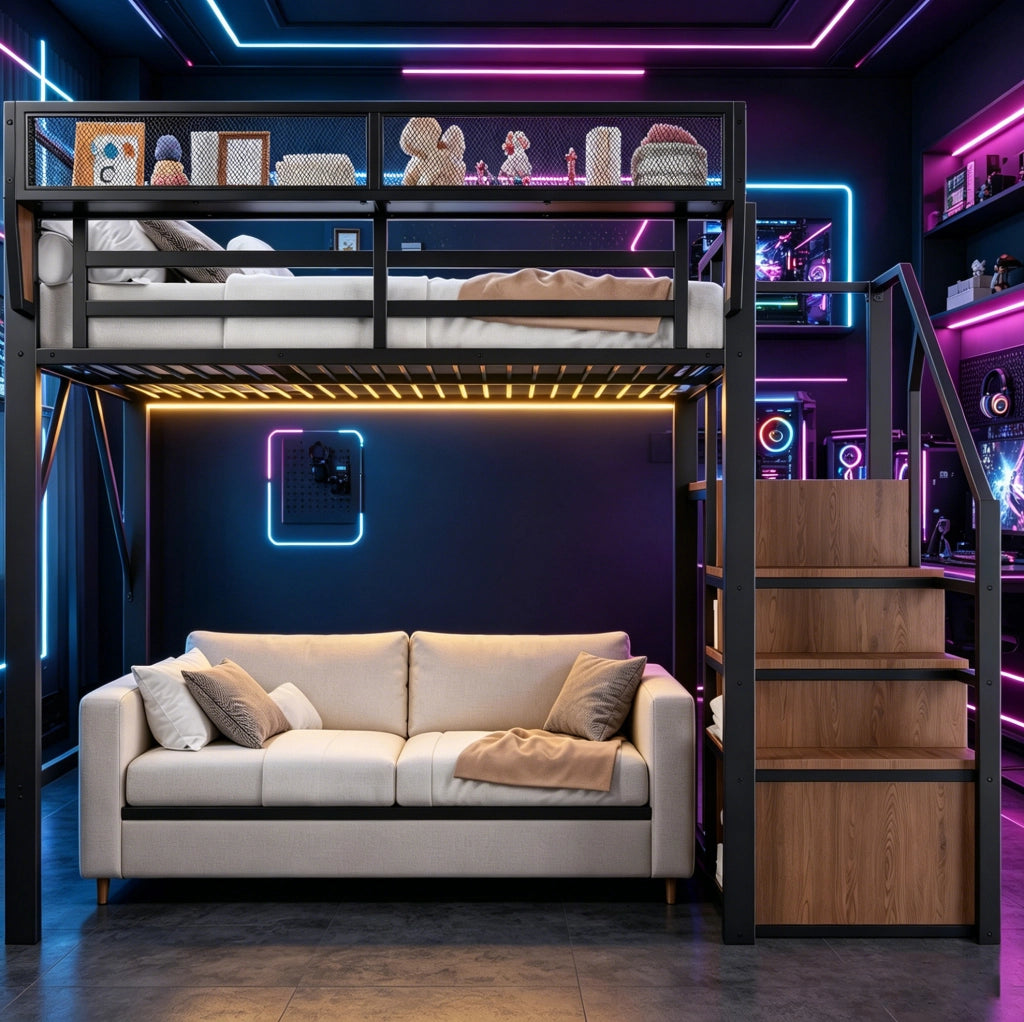 Letto a soppalco 140x200 cm in metallo con LED; scala di sicurezza e ripiani; nero