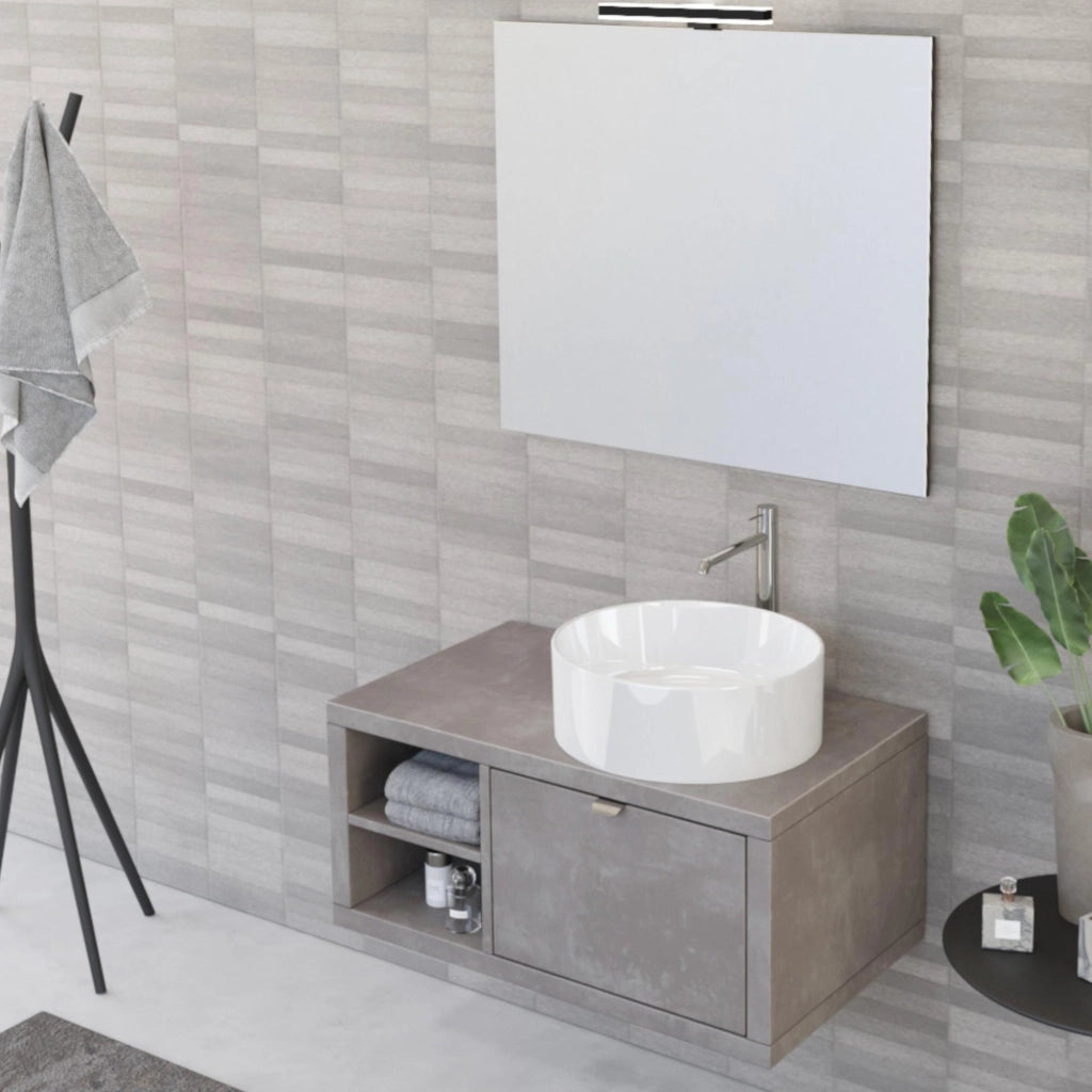 Mobile Bagno Sospeso 80 cm Lavabo e Specchio Bonussi Orione Grigio Effetto Cemento